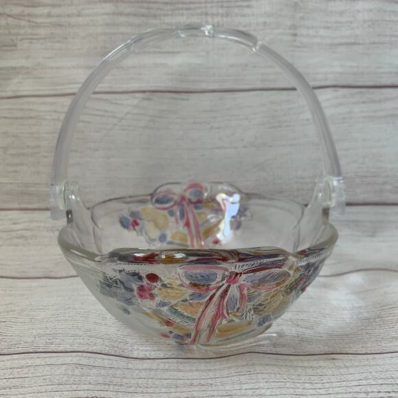 Vintage Mikasa Glass Christmas Basket Bowl with Bells and Plastic Bow Handle - Picture 3 of 16